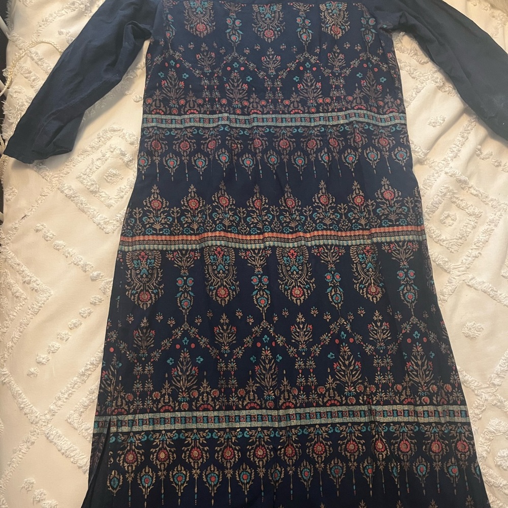 Navy Blue Patterned Cotton Dress